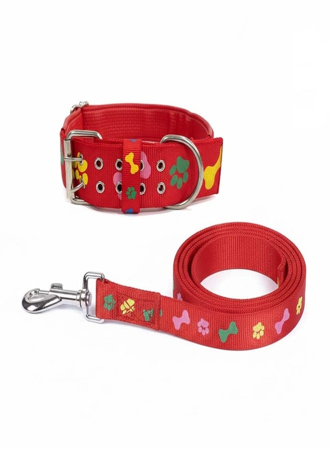 Pets Empire Soft Padded Paw and Bone Printed Dog Leash Collar Set Nylon Foam Soft Adjustable Pet Cat Durable Collar (Medium Neck 35-43cm, Red) - Image 1